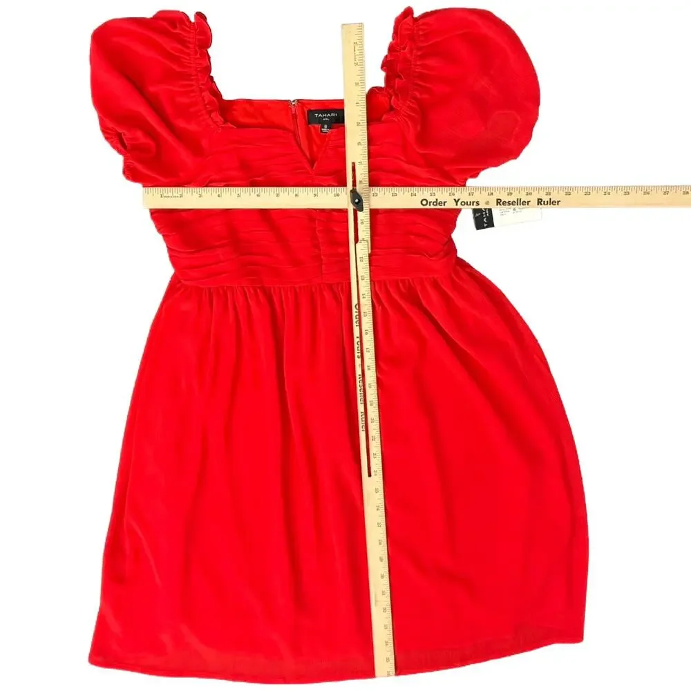Tahari ASL Cherry Red Chiffon Short Puff Sleeve Notch Mini Dress size 8 NEW Tags - Picture 3 of 11